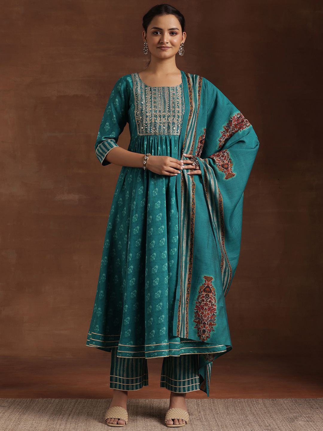 Libas Floral Printed Pleated Mirror Work Anarkali Kurta with Trousers & Dupatta