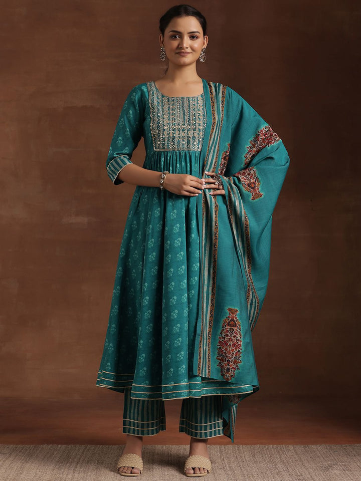 Libas Floral Printed Pleated Mirror Work Anarkali Kurta with Trousers & Dupatta