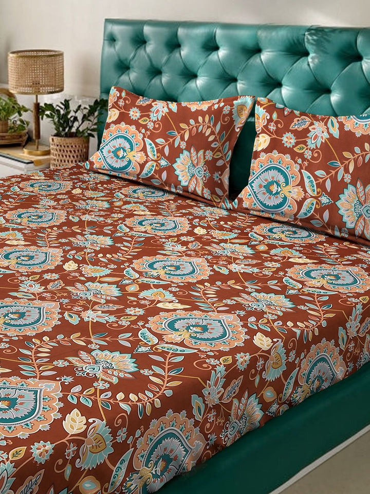 KLOTTHE Rust Ethnic Motifs 300 TC King Bedsheet with 2 Pillow Covers