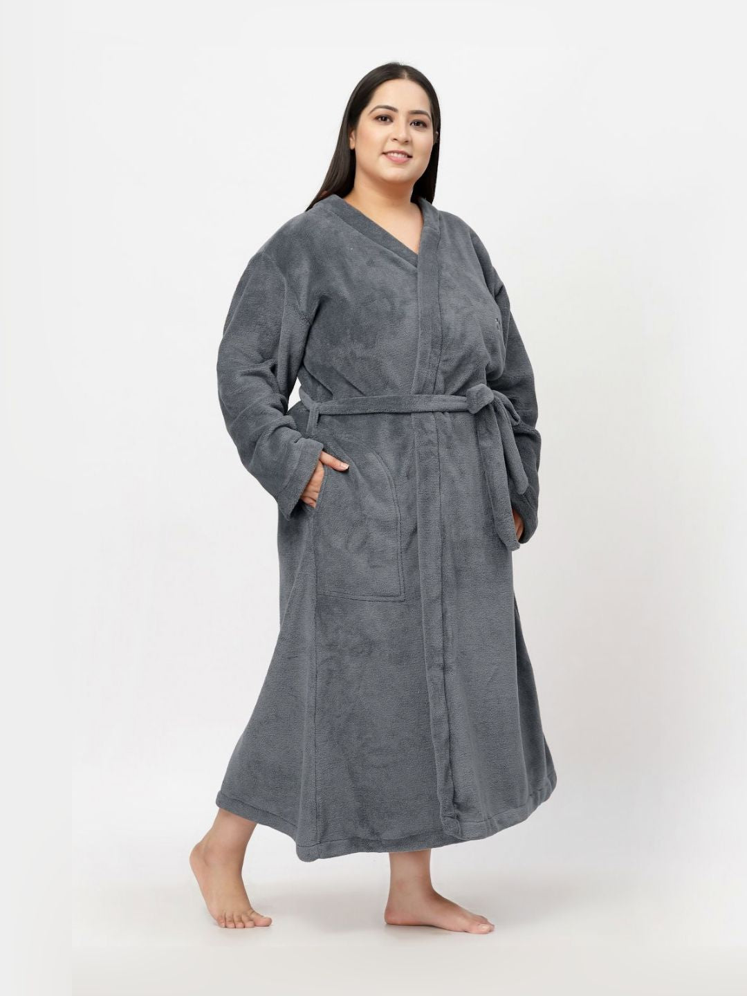 KLOTTHE Plus Size Grey Woollen Long Sleeves Bath Robe With Belt