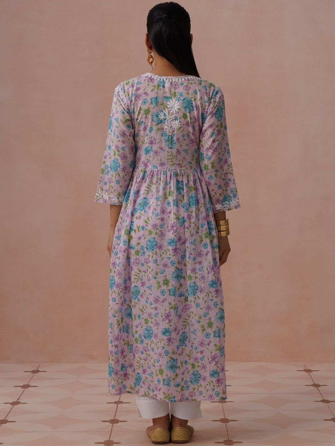 House of Chikankari Floral Print Bell Sleeve Maxi Dress