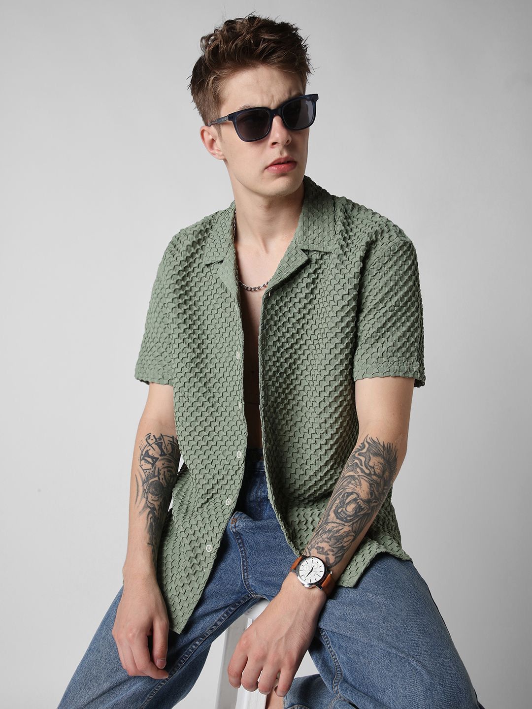 VASTRADO Men Classic Oversized Fit Cuban Collar Textured Casual Shirt
