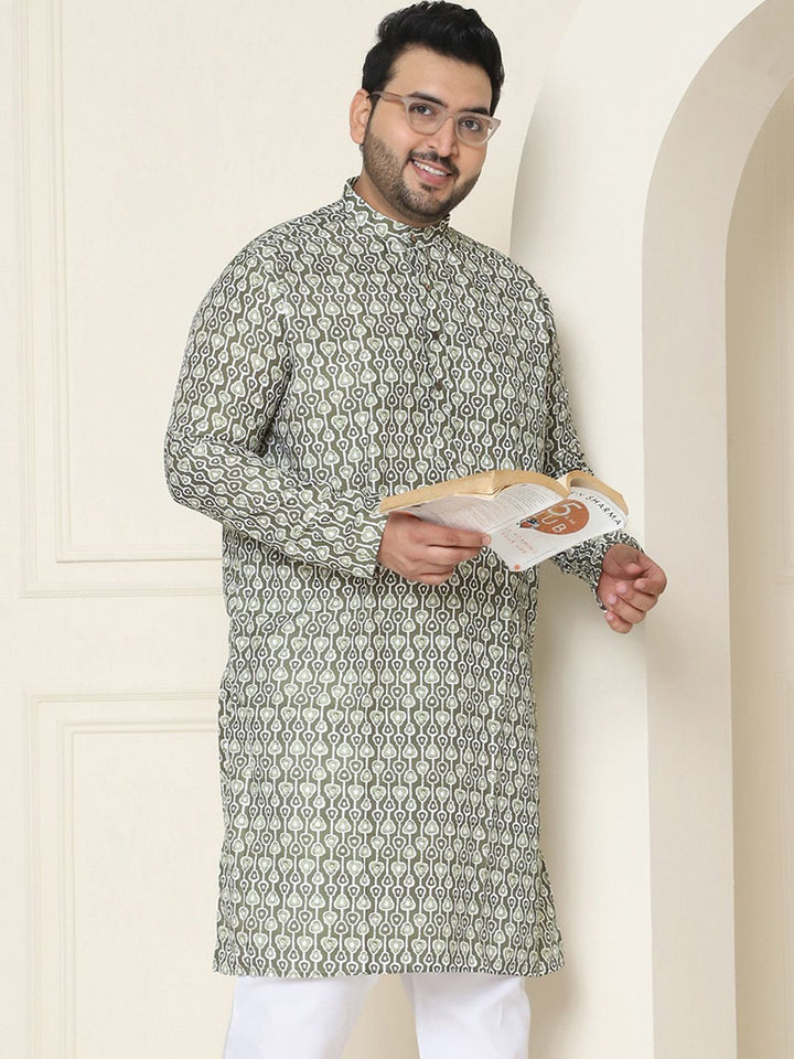 SOJANYA Plus Ethnic Motifs Printed Mandarin Collar Long Sleeves Pure Cotton Straight Kurta