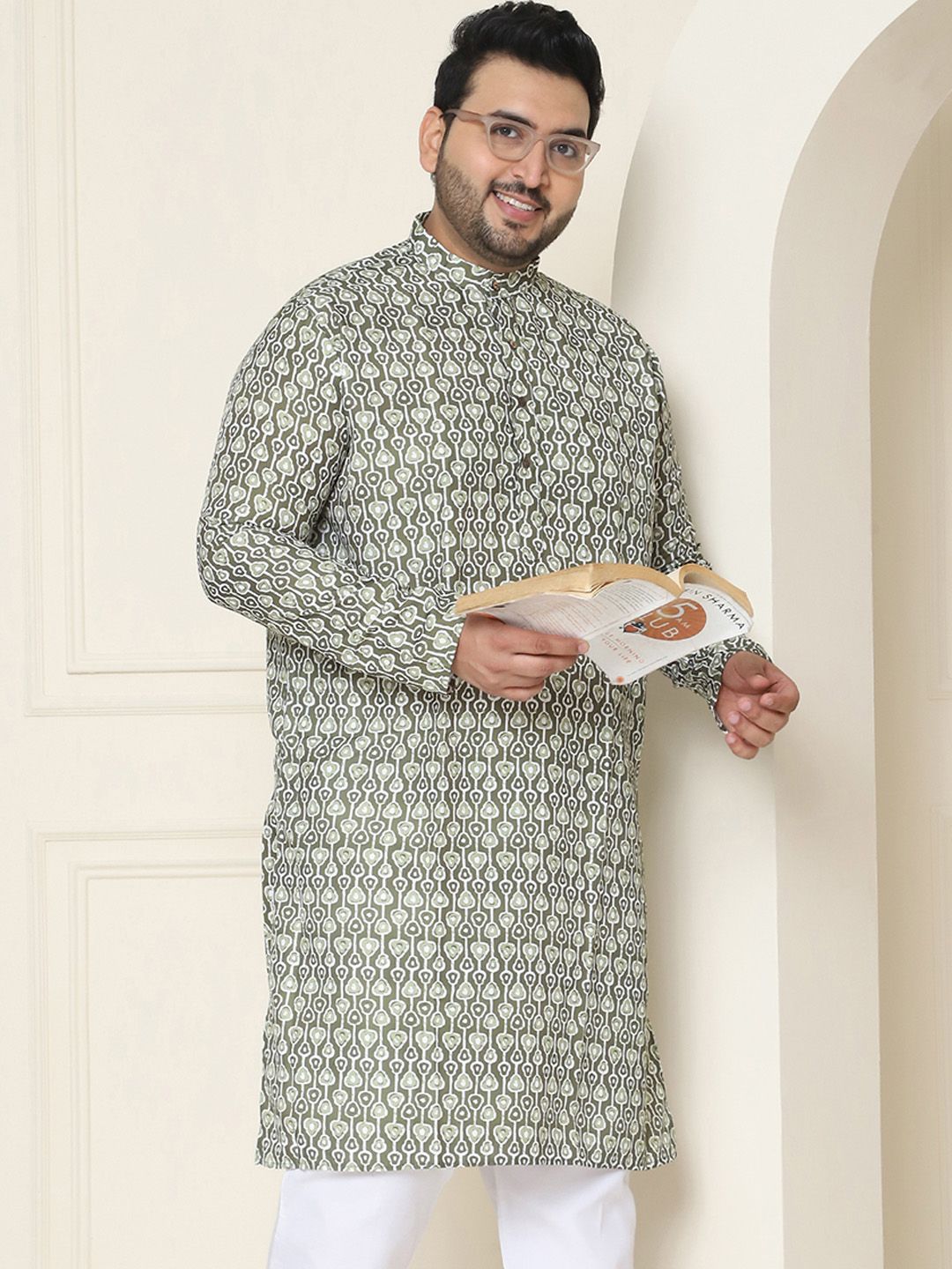 SOJANYA Plus Ethnic Motifs Printed Mandarin Collar Long Sleeves Pure Cotton Straight Kurta