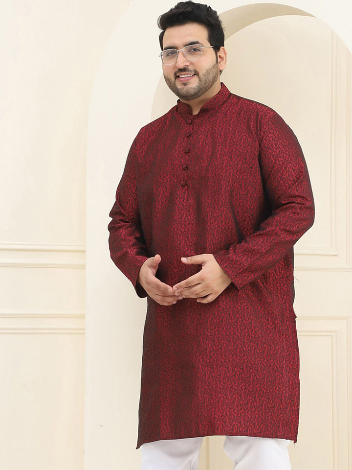 SOJANYA Plus Floral Embroidered Mandarin Collar Long Sleeve Cotton Silk Straight Kurta
