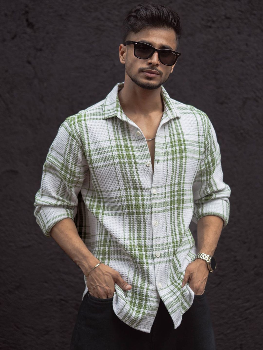 Powerlook Men Spread Collar Tartan Checked Cotton Casual Shirt