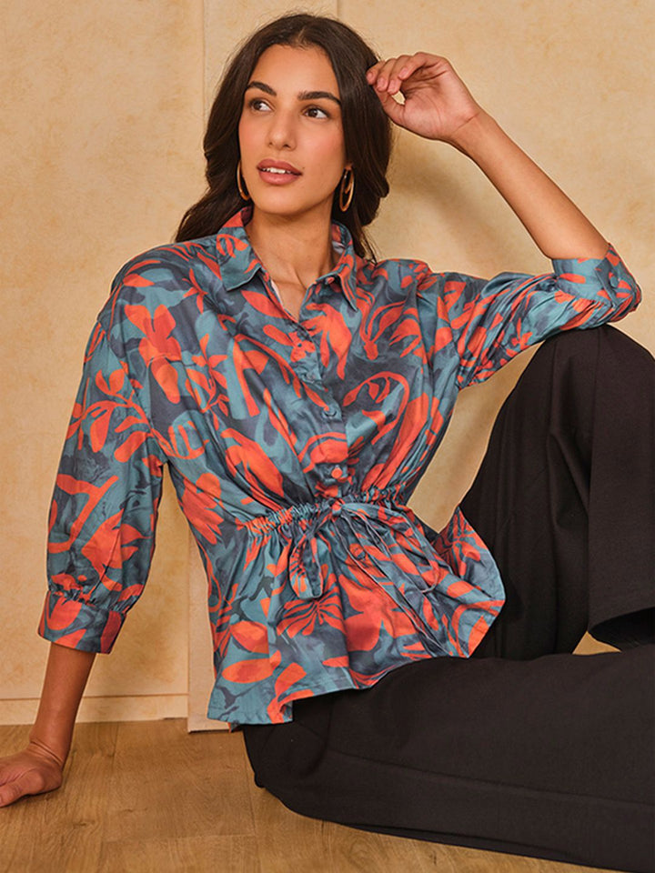 AND Women Abstract Printed Shirt Collar Cotton Top