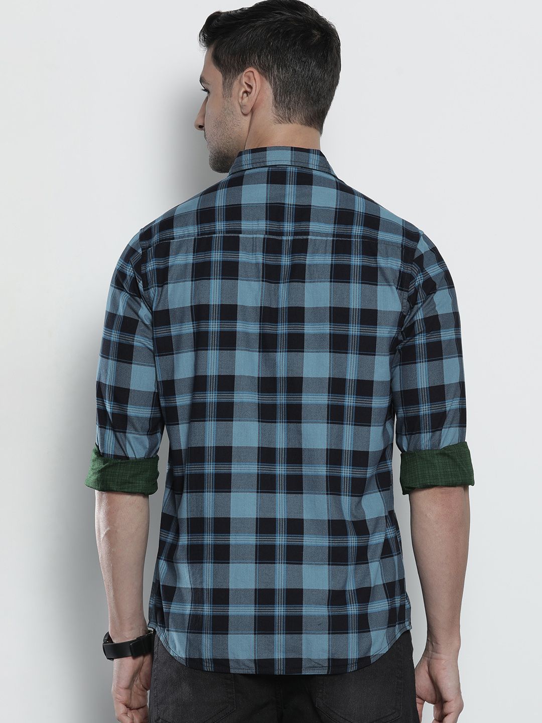 The Indian Garage Co Men Blue & Olive Green Comfort Fit Checked Reversible Cotton Shirt