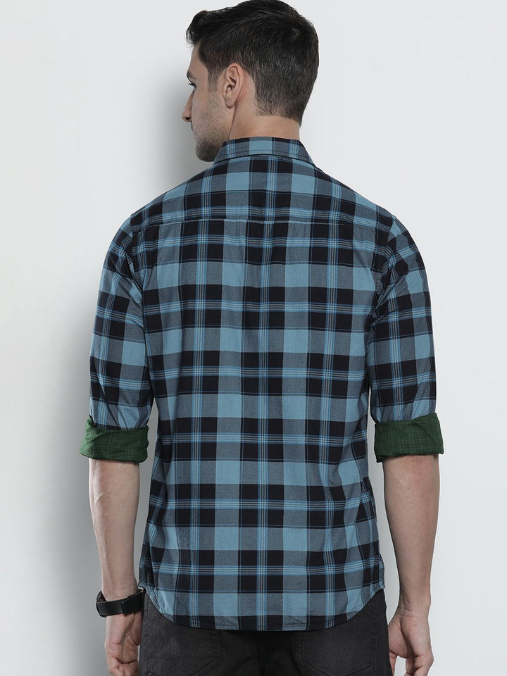 The Indian Garage Co Men Blue & Olive Green Comfort Fit Checked Reversible Cotton Shirt