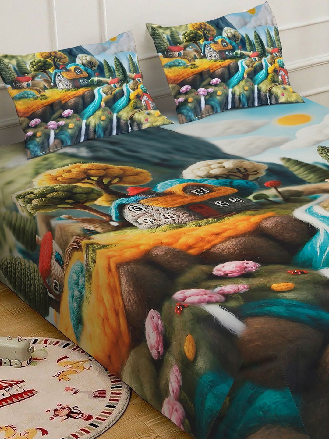 Multi Cartoon Printed 7D 400 TC King Size Superfine Bedsheet With 2 Pillow Cover