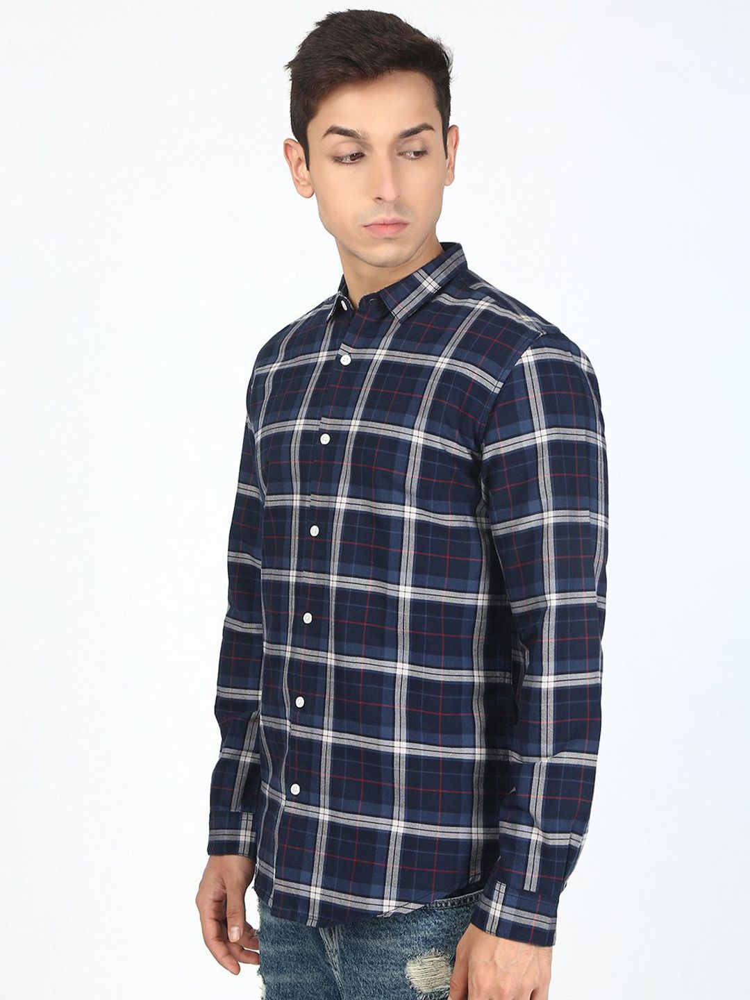 Bene Kleed Men Tartan Checked Spread Collar Cotton Casual Shirt