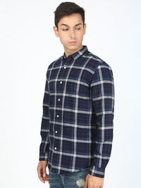 Bene Kleed Men Tartan Checked Spread Collar Cotton Casual Shirt