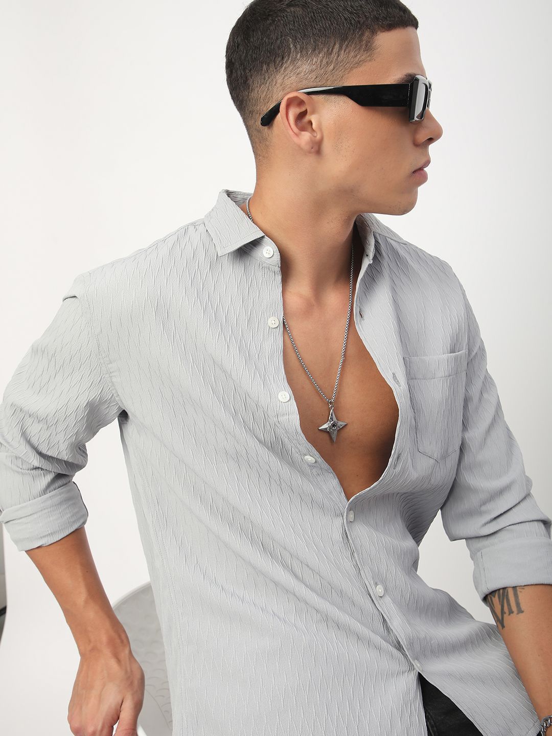 VASTRADO Men Classic Spread Collar Textured Slim Fit Casual Shirt