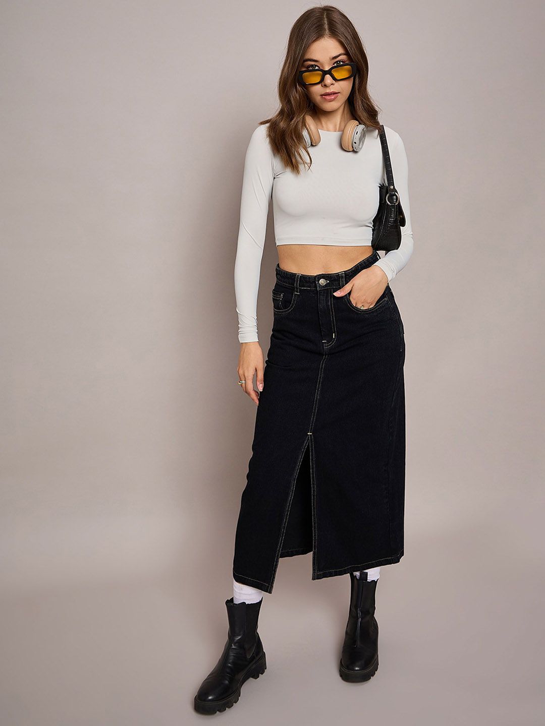 SASSAFRAS BASICS Women Denim Front-Slit A-Line Midi Skirt