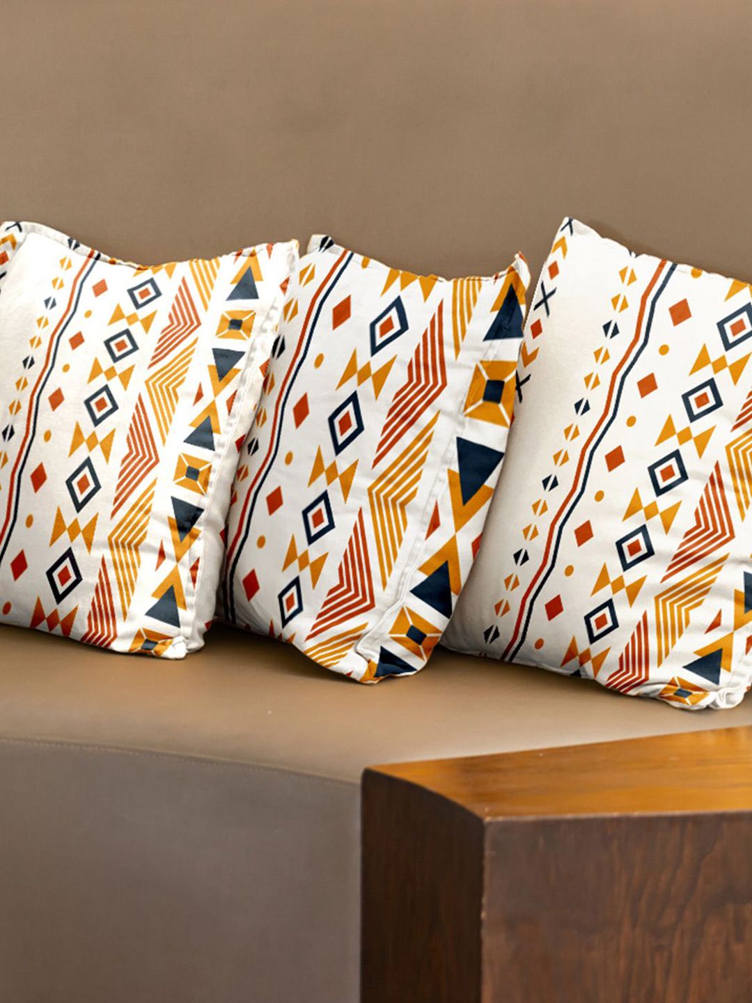 URBAN SPACE Orange & White 3 Pieces Geometric Printed Cotton Square Cushion Covers