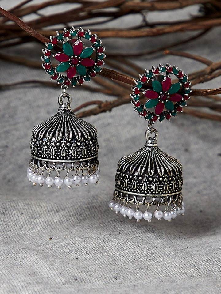 Anouk Red Silver-Plated Stone Studded & Beaded Dome Shaped Jhumkas