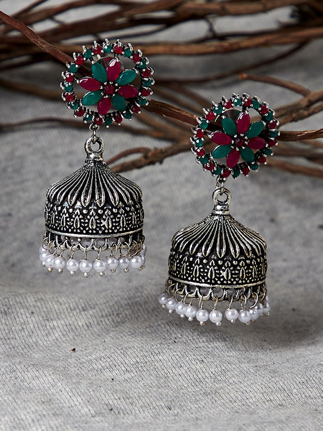 Anouk Red Silver-Plated Stone Studded & Beaded Dome Shaped Jhumkas