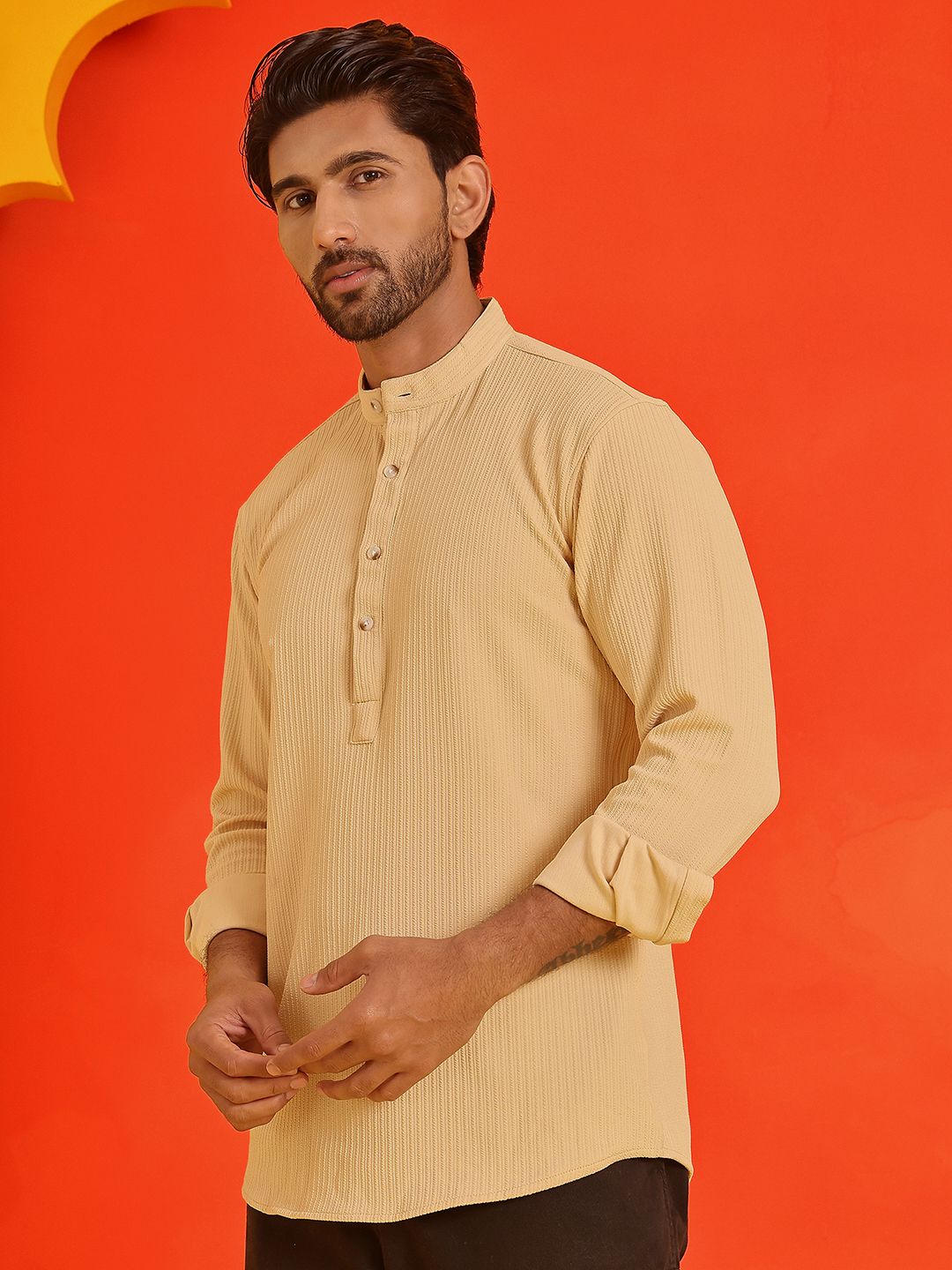 Jompers Striped Band Collar Long Roll-Up Sleeves Straight Kurta