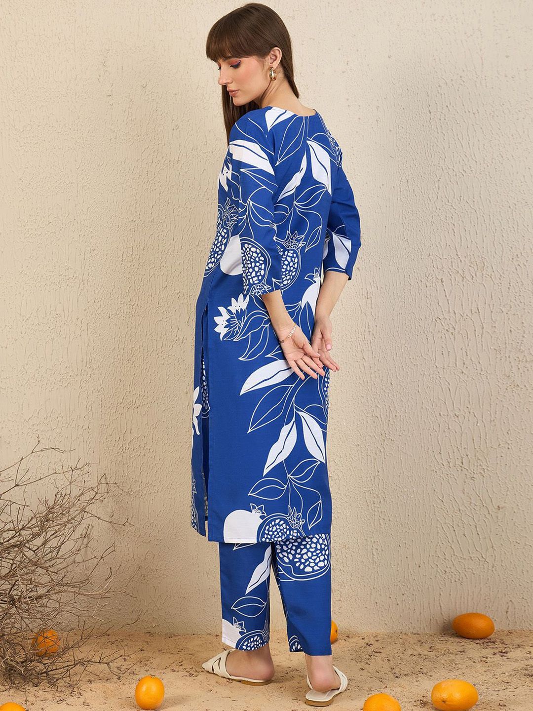 Indo Era Floral Printed Notch Neck Straight Kurta With Trousers