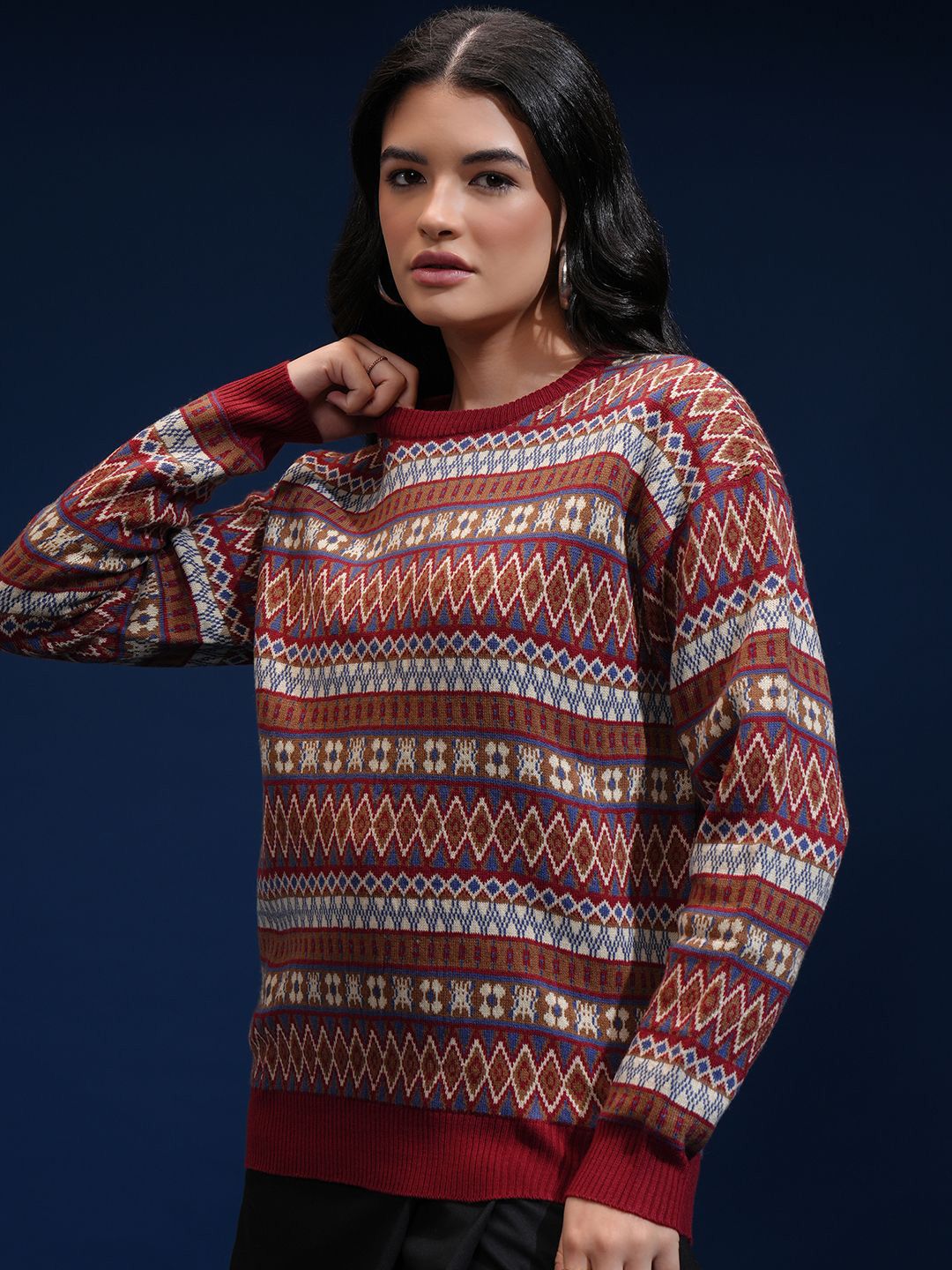 ESPYR By Tokyo Talkies Women Geometric Self Design Pullover