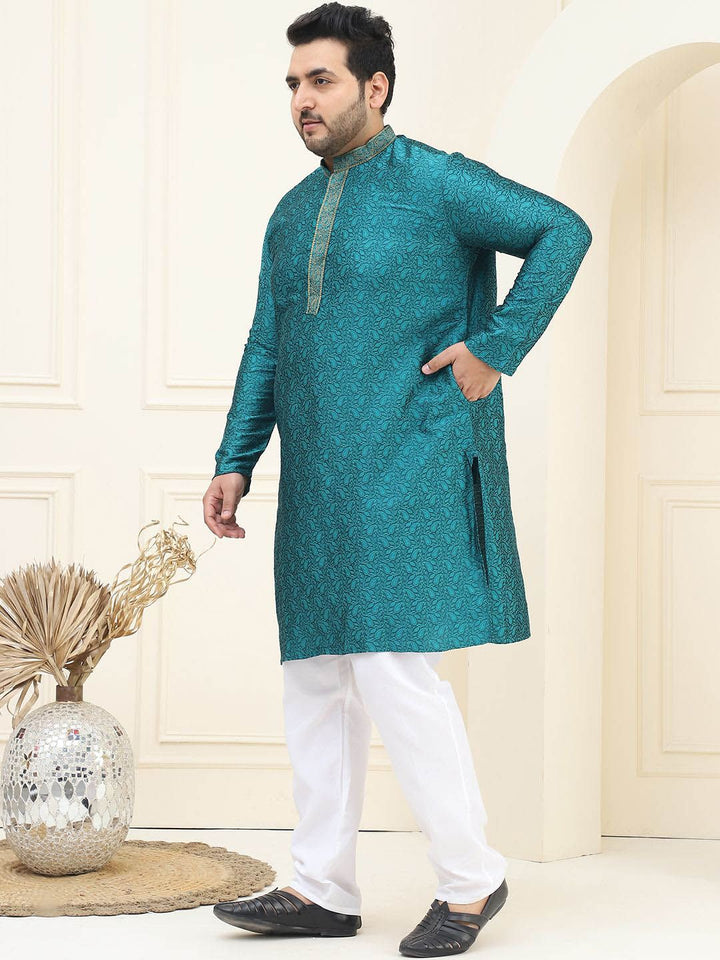 SOJANYA PLUS Rekaan Tenun Bunga Mandarin Collar Kurta Lurus Biasa dengan Piyama