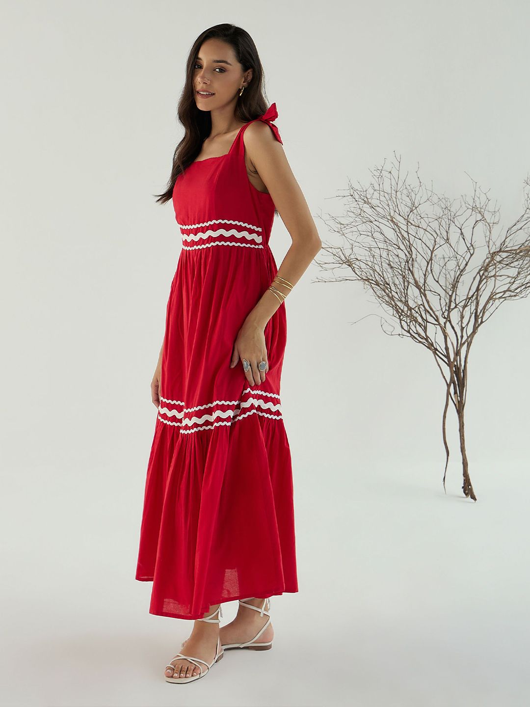 Pink Paprika by SASSAFRAS Women Solid Tie-Up Neck Fit & Flare Maxi Dress