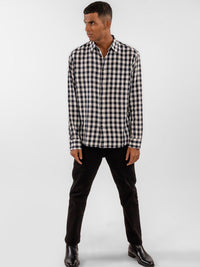 Eszett Gingham Checked Spread Collar Baju Poket Kapas Tulen
