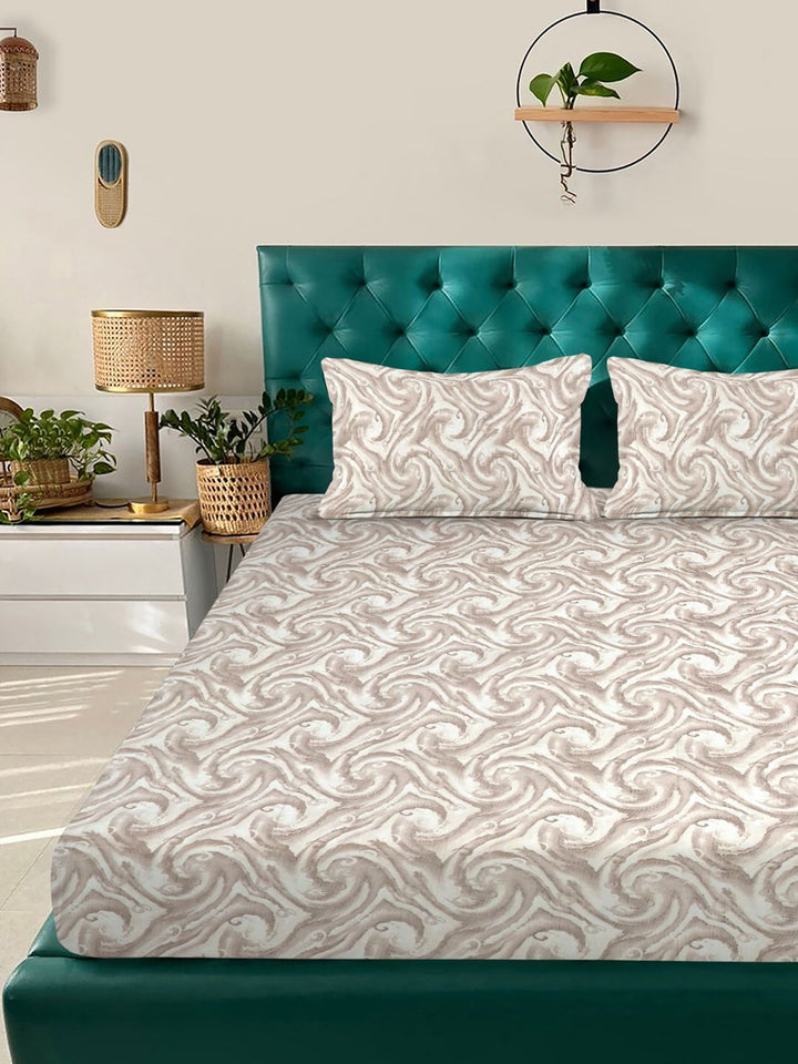 KLOTTHE Beige Abstract 300 TC Fitted Double King Bedsheet With 2 Pillow Covers
