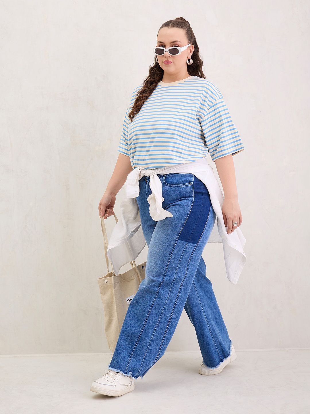 SASSAFRAS Curve Women Plus Size Striped Round Neck Relaxed Fit T-shirt