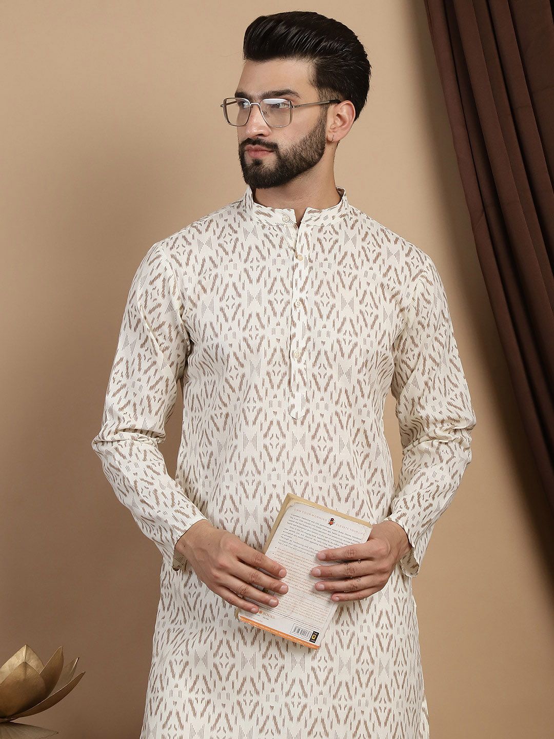 Anouk Geometric Printed Mandarin Collar Regular Pure Cotton Straight Kurta With Churidar