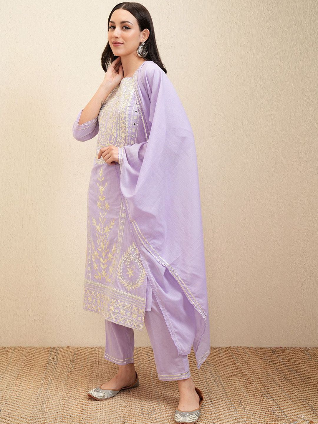 Vishudh Lavender Embroidered Pure Cotton Straight Kurta With Trousers & Dupatta