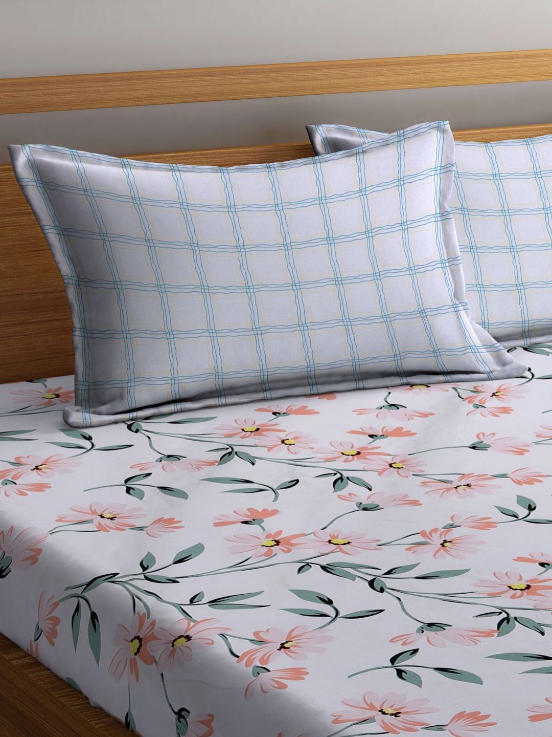 Myntra Elegant Homes Kapas Bunga Putih 300 TC Dilengkapi Cadar King Halus dengan 2 Sarung Bantal-98 x 89 inci