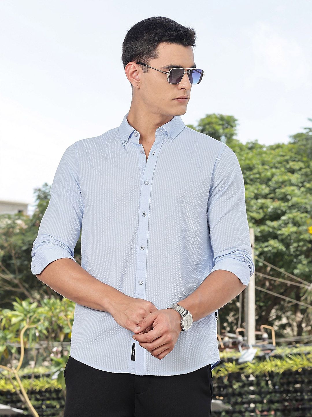 Thomas Scott Premium Seersucker Button-Down Collar Cotton Shirt