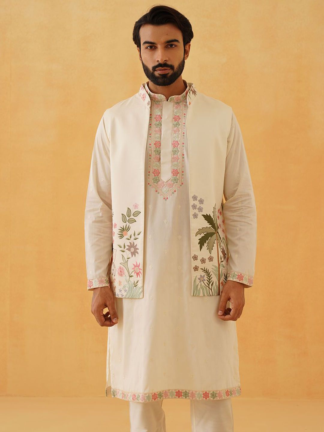 SOJANYA LUXE Floral Embroidered Thread Work Cotton Silk Kurta With Trousers & Nehru jacket