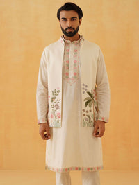 SOJANYA LUXE Floral Embroidered Thread Work Cotton Silk Kurta With Trousers & Nehru jacket