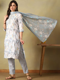 Mamicha Women Floral Printed Regular Mirror Work Pure Cotton Kurta with Trousers & With Dupatta