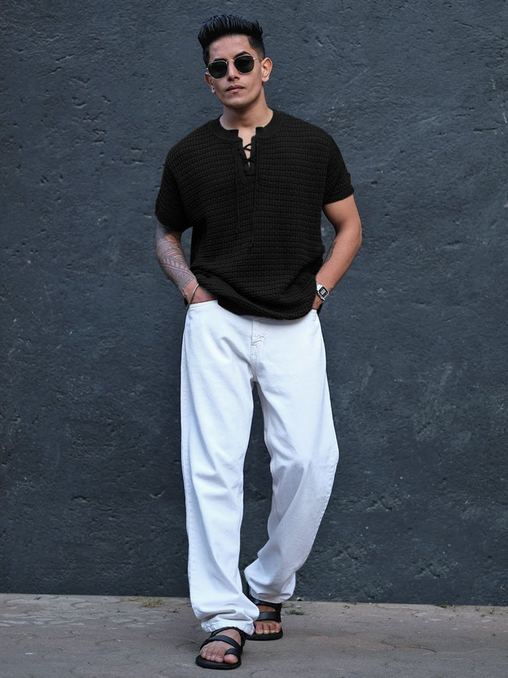 Powerlook Men Self Design Henley Neck T-Shirt