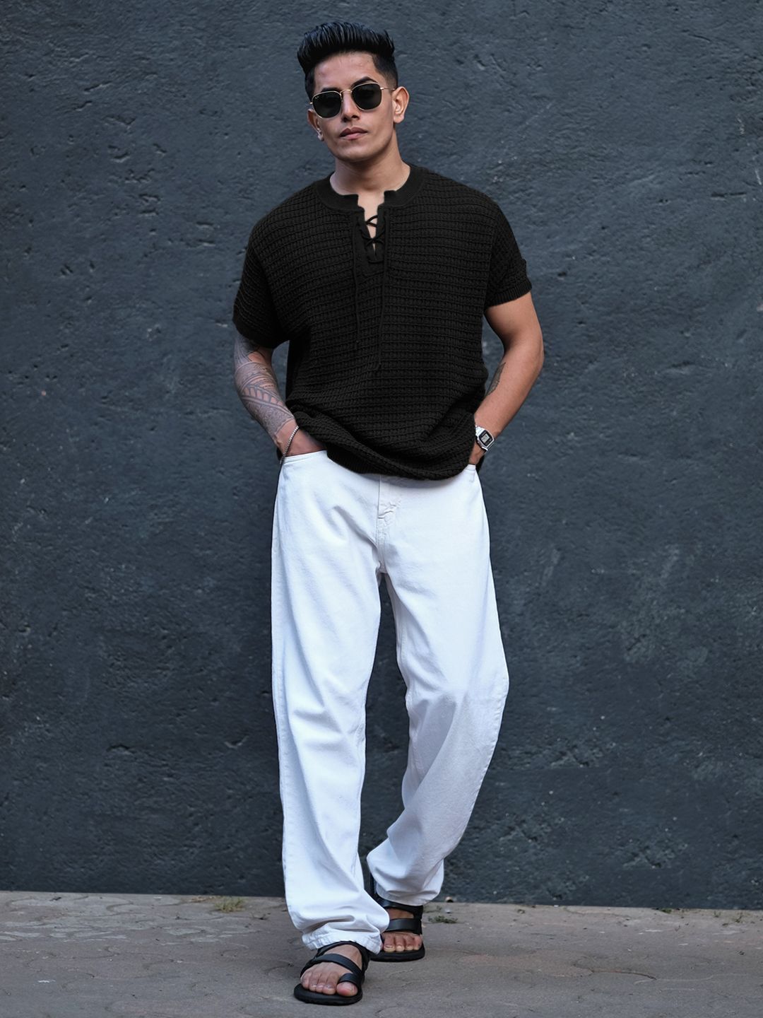 Powerlook Men Self Design Henley Neck T-Shirt