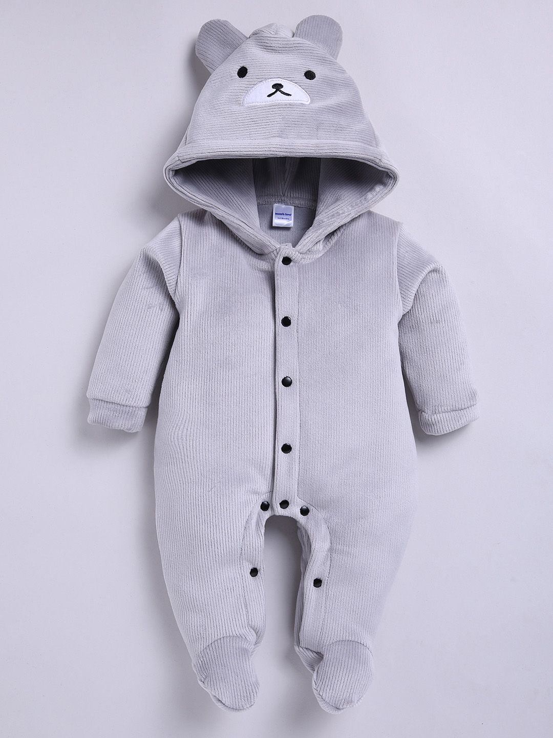 Moms Love Infant Boys Pure Cotton Velvet Finish Ribbed Hooded Sleepsuit