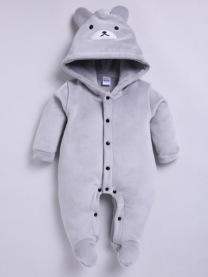 Moms Love Infant Boys Pure Cotton Velvet Finish Ribbed Hooded Sleepsuit