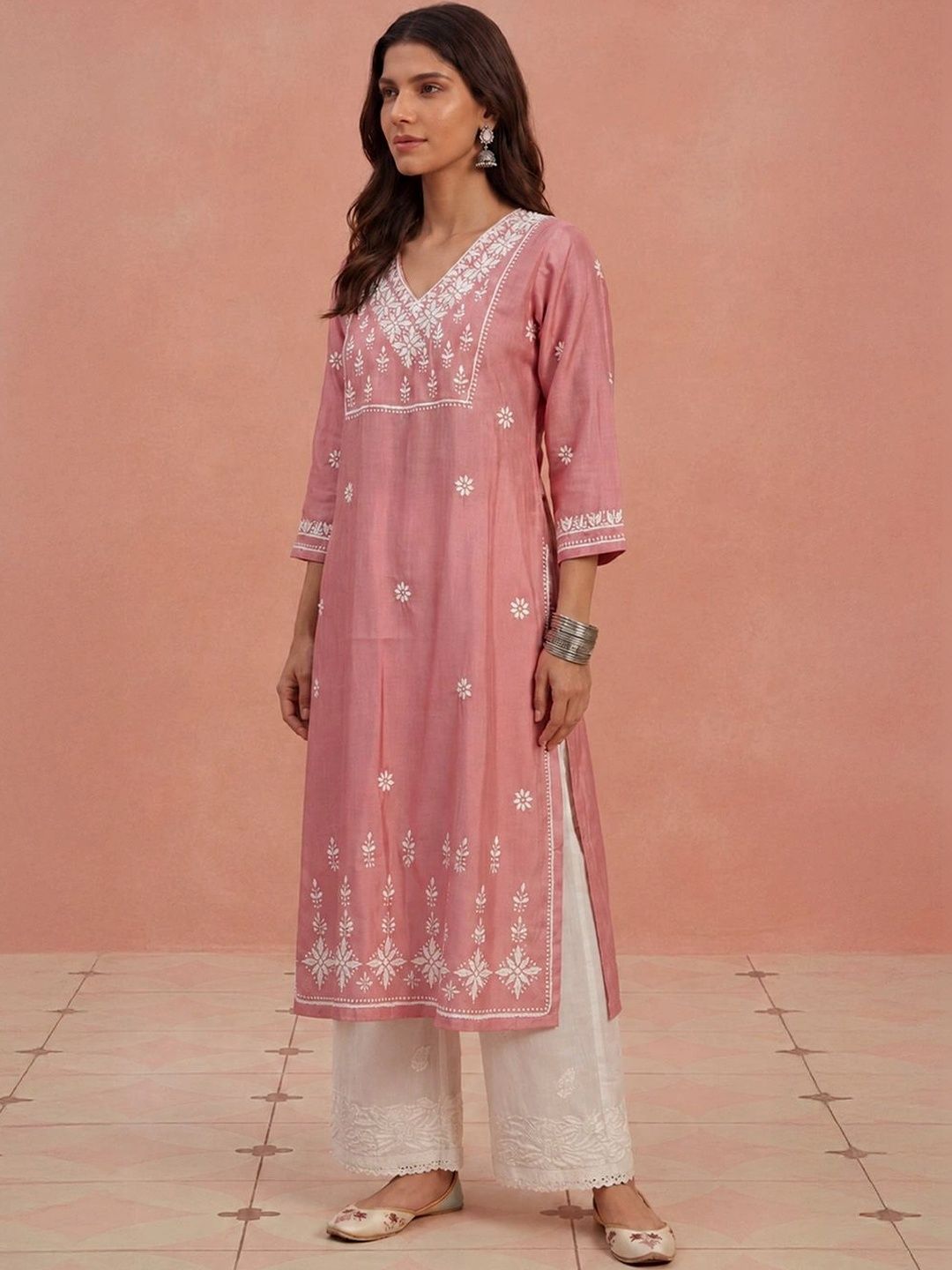 House of Chikankari Women Embroidered Chikankari Chanderi Silk Kurta
