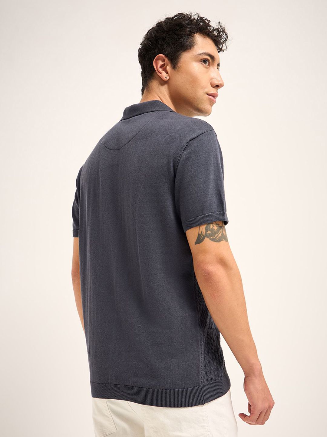 THE BEAR HOUSE Men Self Design Polo Collar Cotton T-shirt