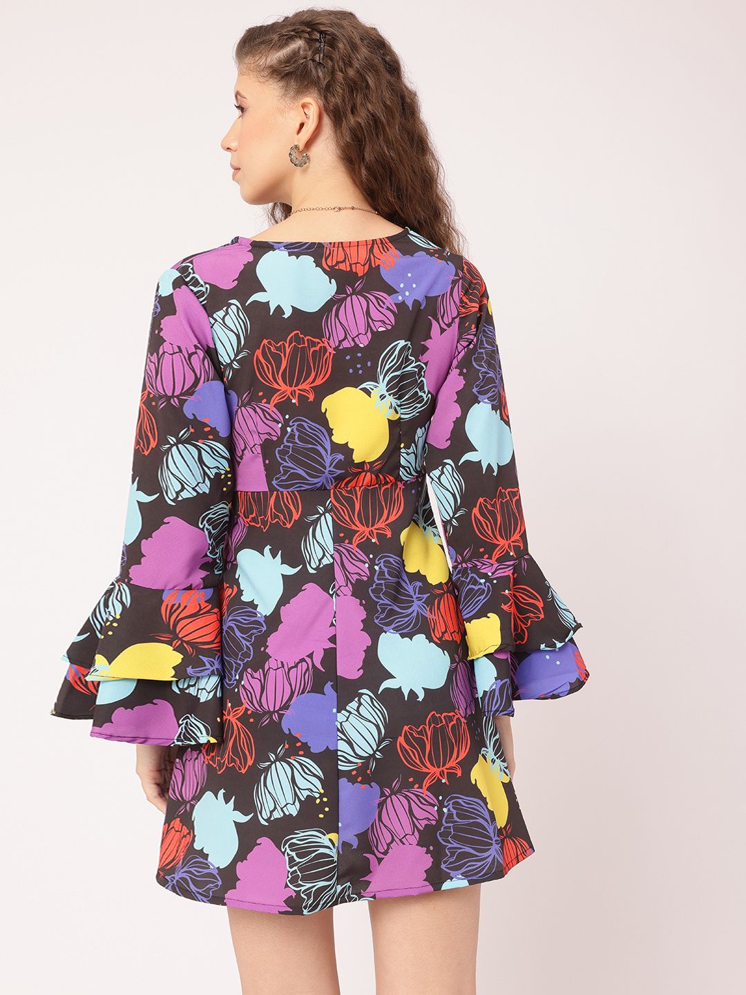 DressBerry Funky Florals Printed Bell Sleeve Mini A-line Dress