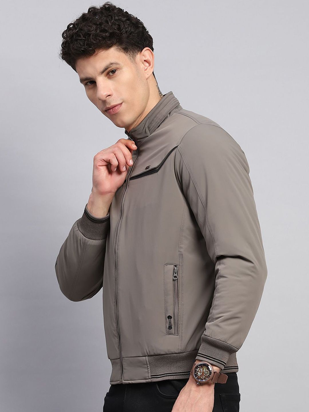 Monte Carlo Men Mock Collar Solid Casual Bomber Jacket