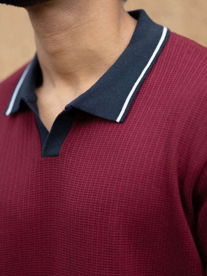 Powerlook Men Wine Contrast Collar T-Shirt