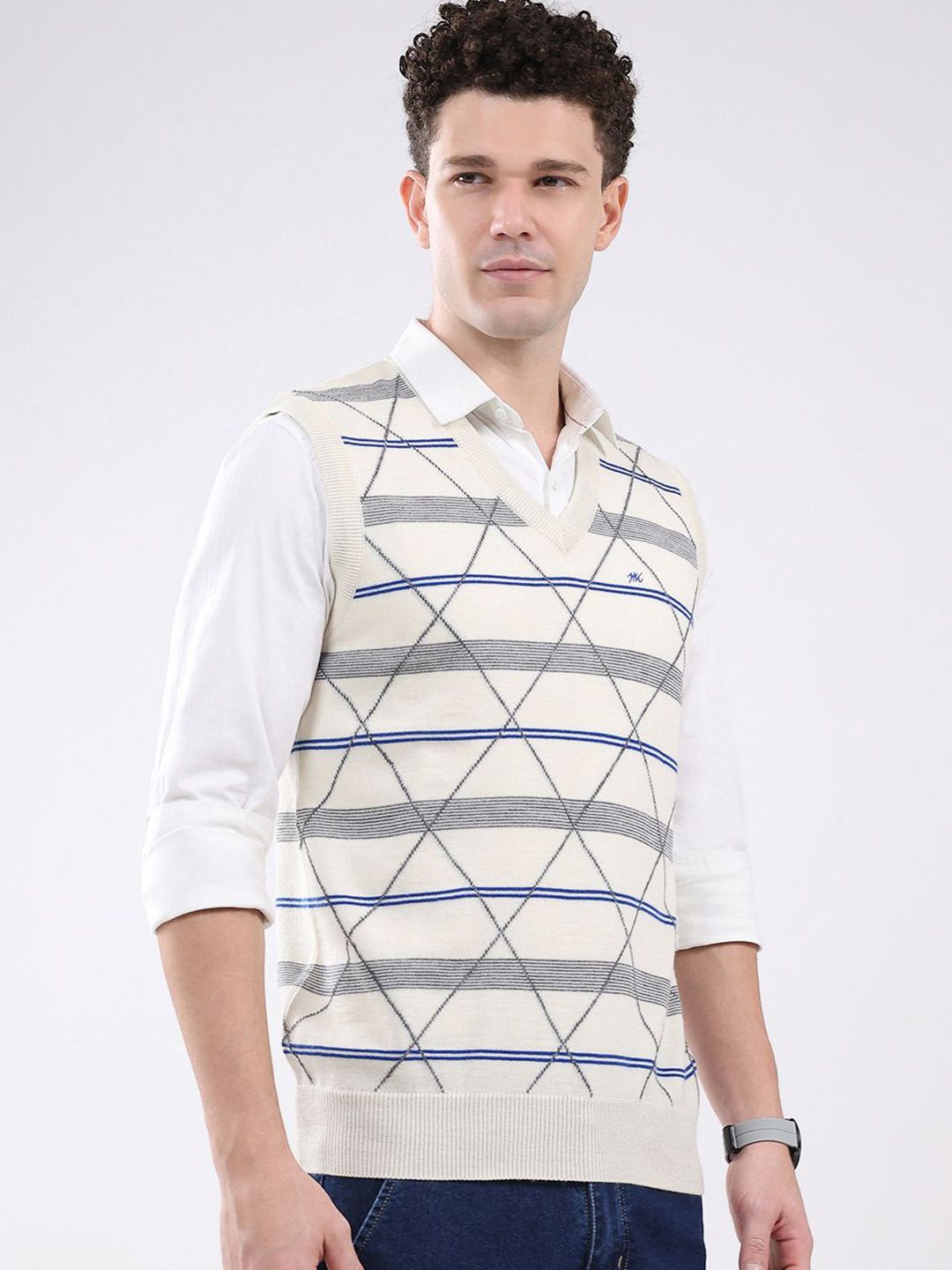 Monte Carlo Men Geometric Printed V-Neck Ribbed Sweater Vest