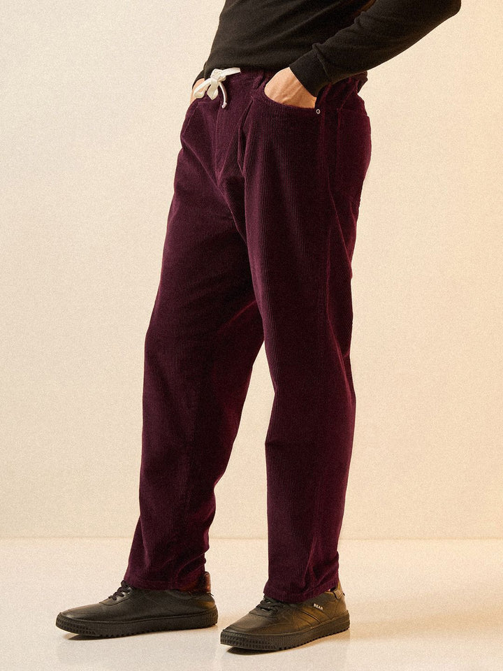 THE BEAR HOUSE Men Striped Loose Fit Corduroy Pleated Chinos Trousers