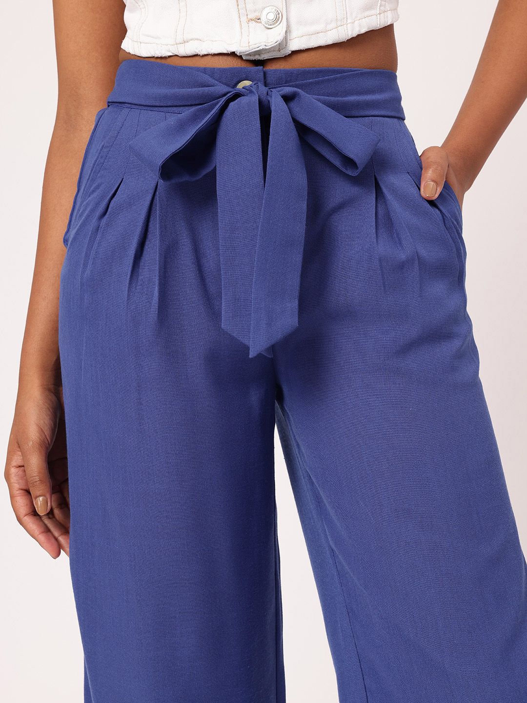 Women Femme Ribboned Perfection Straight Fit Pleated Regular Trousers