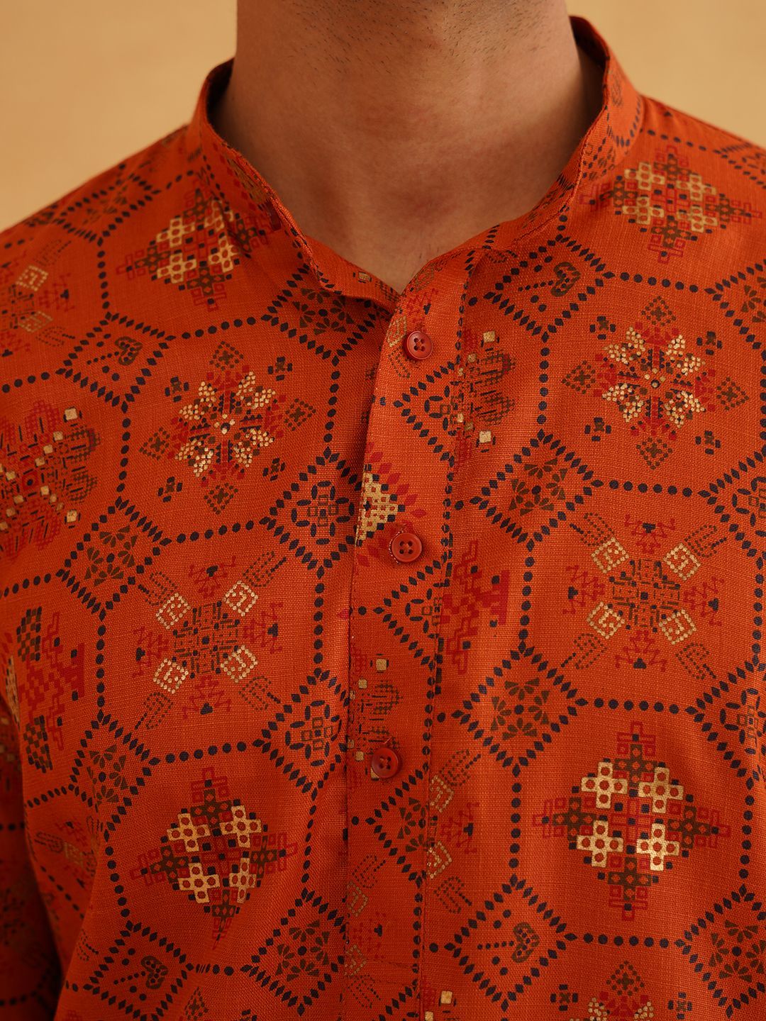 SOJANYA Motif Etnik Bercetak Kurta Lurus Kolar Mandarin Dengan Churidar