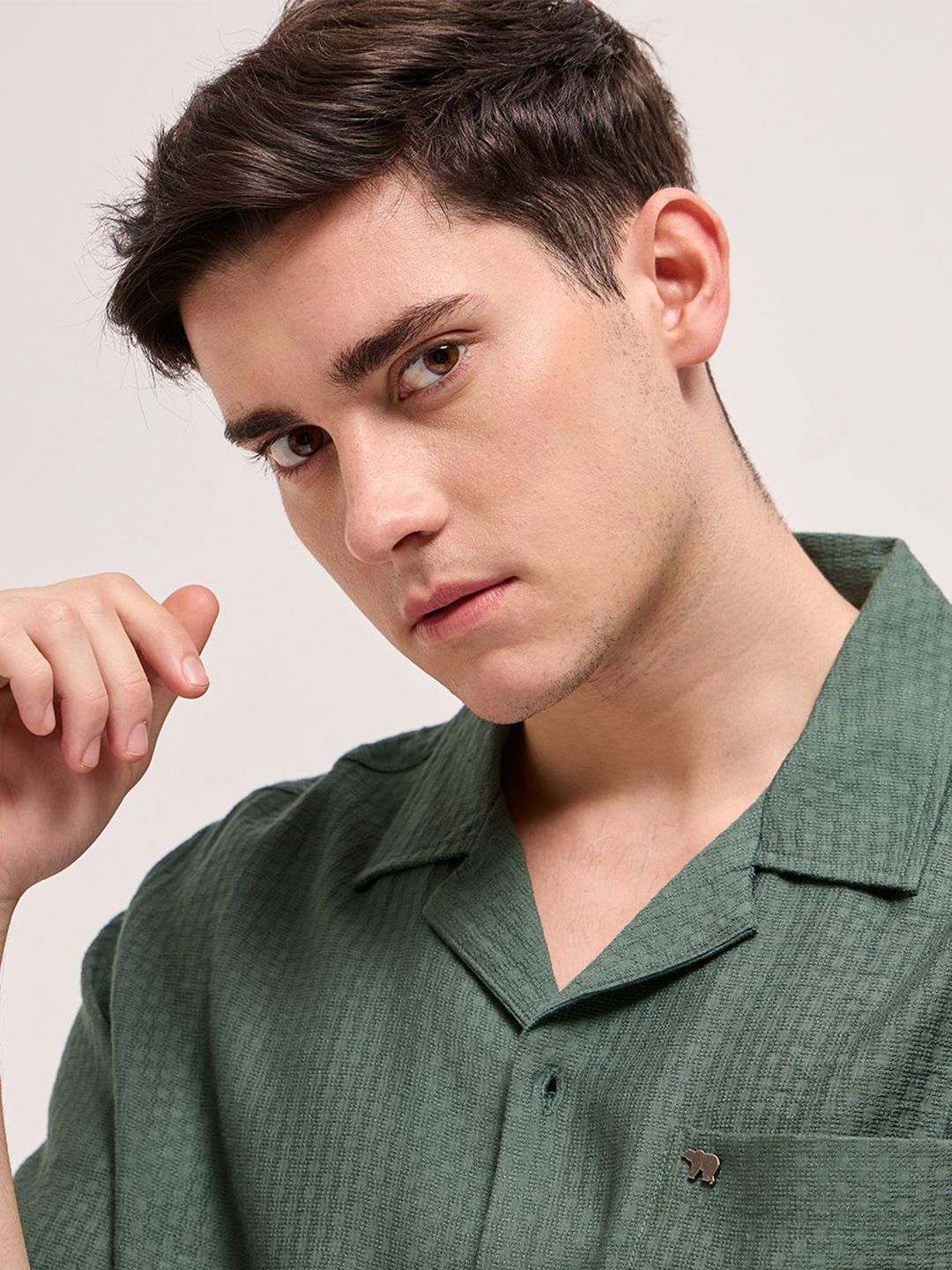 THE BEAR HOUSE Cuban Collar Textured Casual Shirt